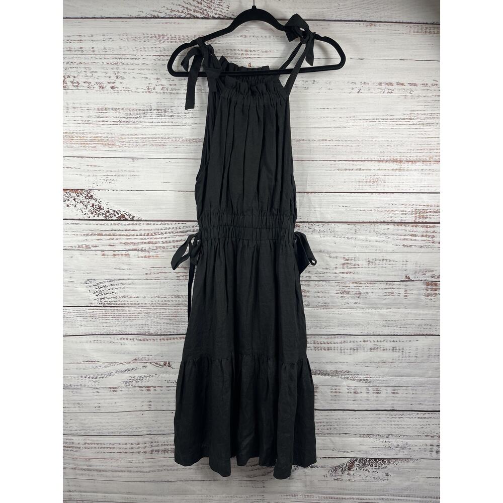 KOPAL Dress Women's XS Black Heera Midi Tie Strap Swing Boho Cotton Pockets
